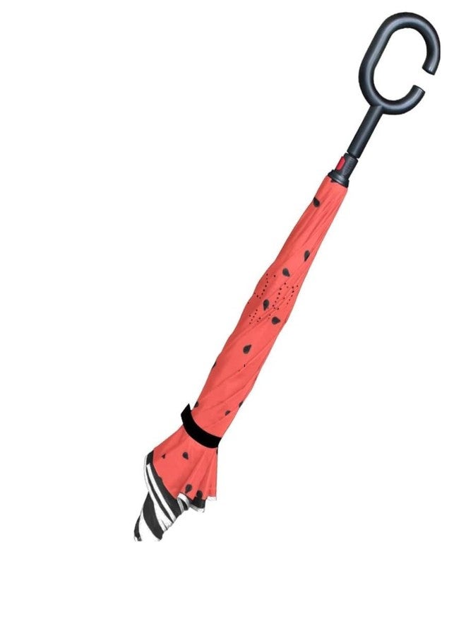 أبسايد دون مظلة Upside Down® للنساء، مقاومة للرياح، ذات طبقتين، قابلة للطي، توفر الحماية من المطر - أحمر وأسود - Image 4